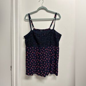 Torrid Navy with Strawberries with crochet lace overlay Camisole